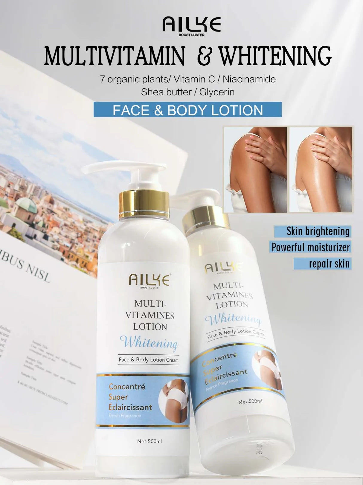 AILKE Multi Vitamin Whitening Body Lotion With Vitamins A,E,B3,B5, Increase Skin Radiance, Even Skin Tone, Moisturizer Cream