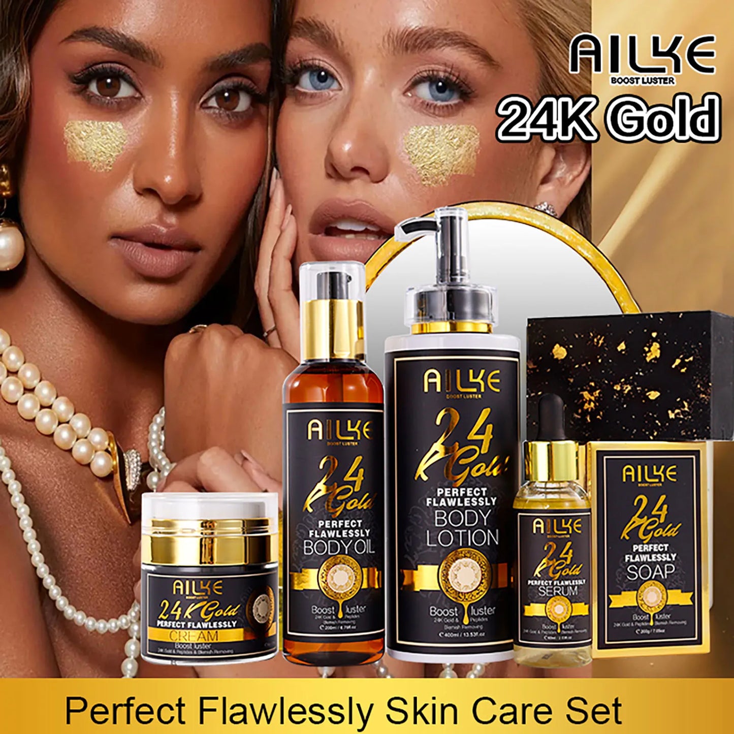 AILKE 24K Gold Collagen Whitening Skin Care Set for All Skin Types, Remove Dark Spot, Wrinkles, Anti Aging, Even Skin Tone