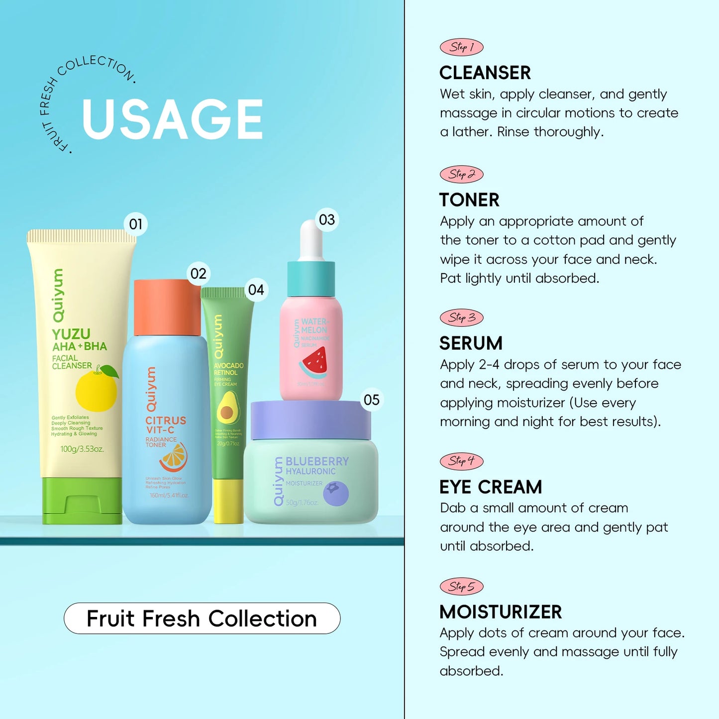 QUIYUM Fruit Fresh Collection 5-Piece Skincare Set Brightening Hydrating Anti-Age Facial Care for Dry Dull Skin