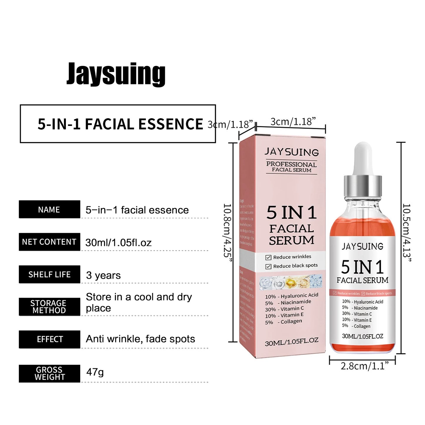Jaysuing Hyaluronic Acid Face Serum 5 In 1 Moisturizing Whiten-ing Anti Wrink-le Agin-g Vitamin C Shrink Pores Serum Skin Care