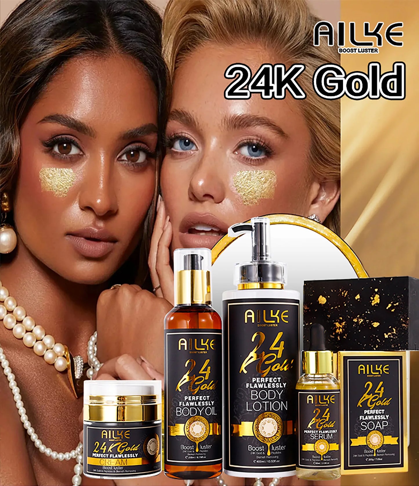 AILKE 24K Gold Collagen Whitening Skin Care Set for All Skin Types, Remove Dark Spot, Wrinkles, Anti Aging, Even Skin Tone