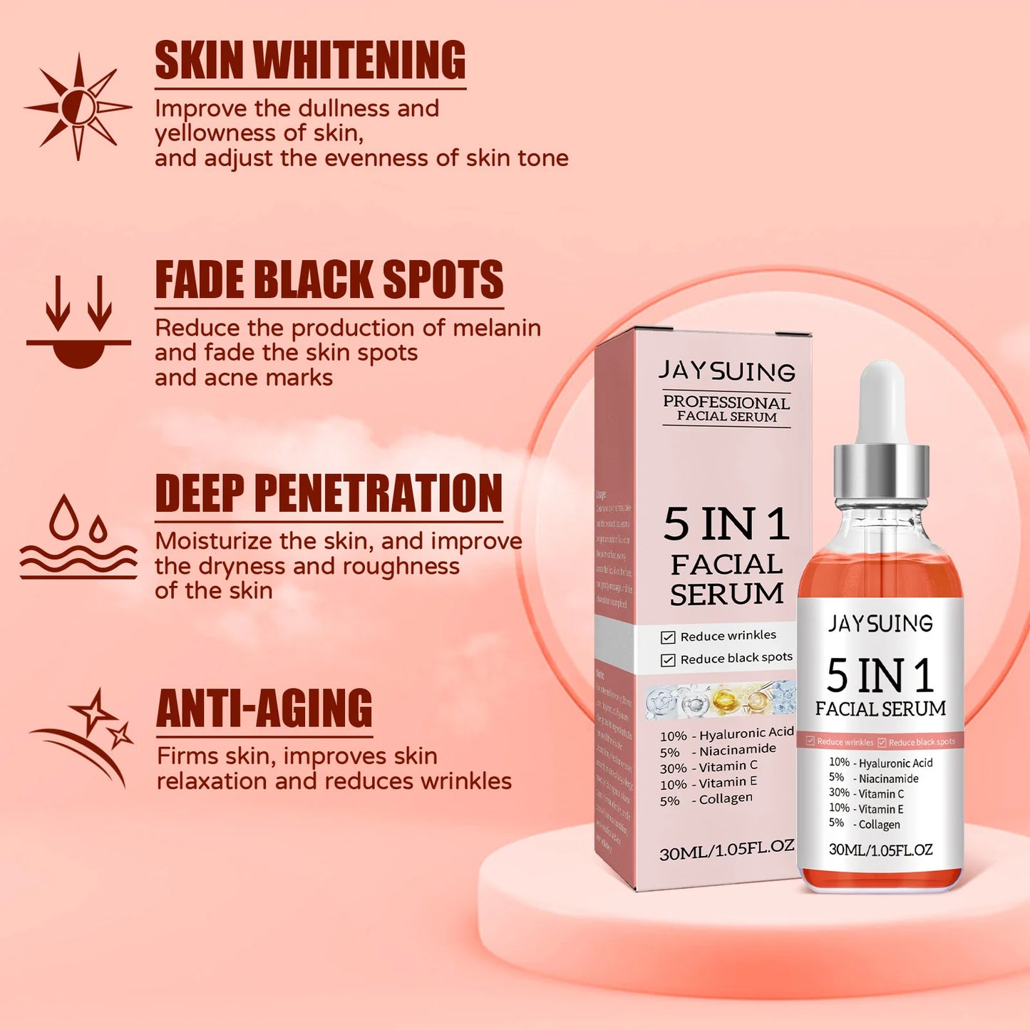 Jaysuing Hyaluronic Acid Face Serum 5 In 1 Moisturizing Whiten-ing Anti Wrink-le Agin-g Vitamin C Shrink Pores Serum Skin Care