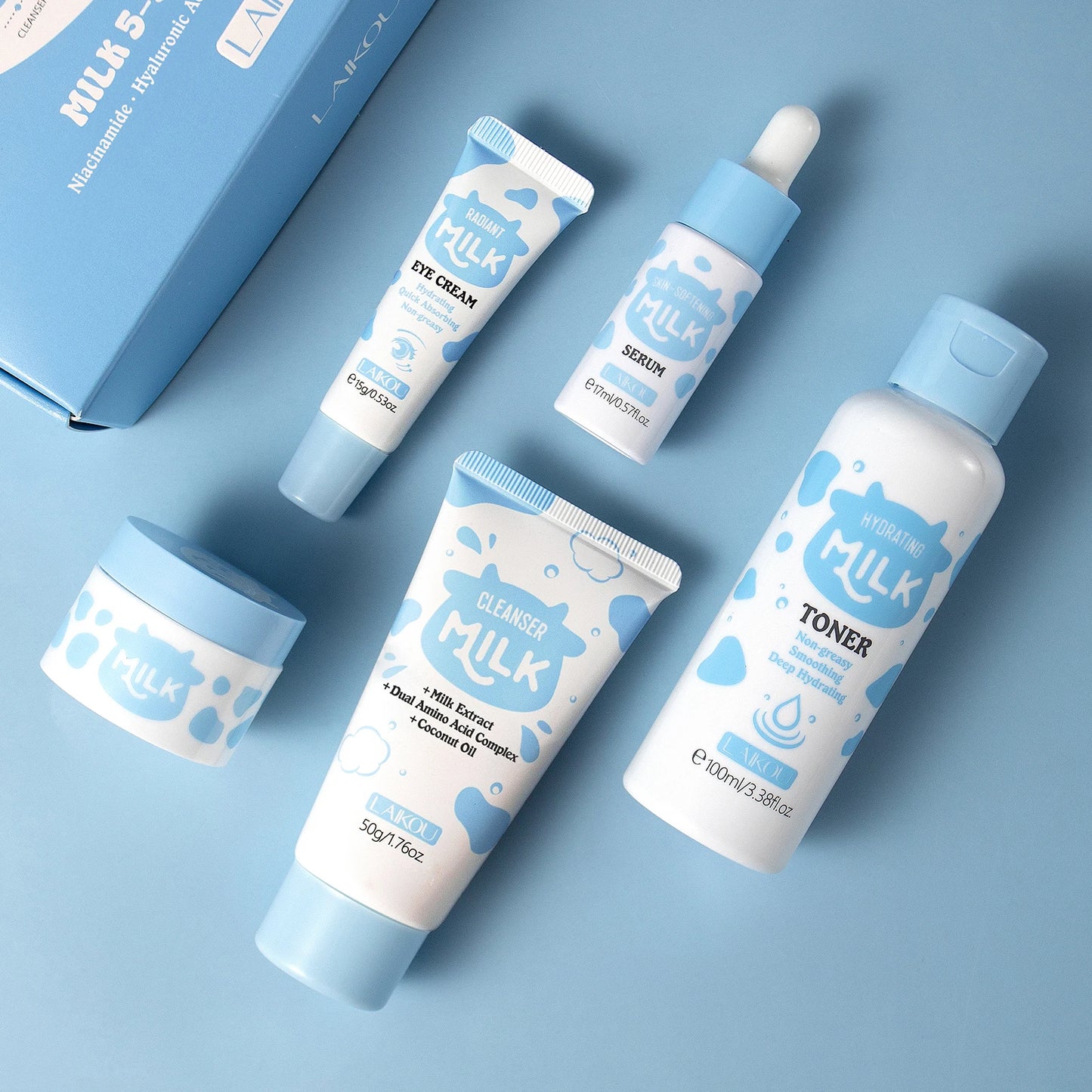 LAIKOU Milk Glowing Skincare Set Hydrating Brightening Anti-Age Firming Facial Care Cleanser Toner Serum Eye Cream Moisturizer