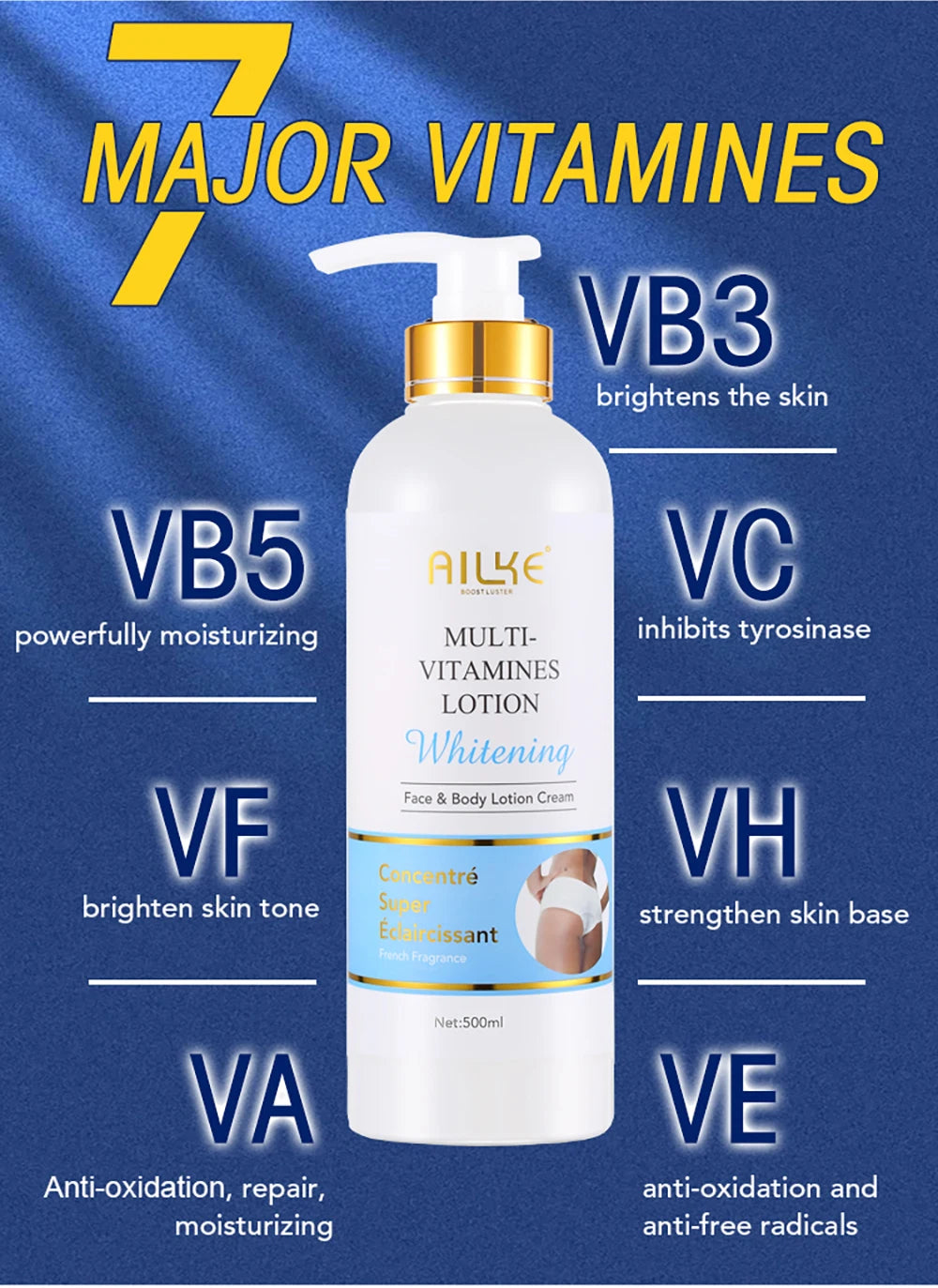 AILKE Multi Vitamin Whitening Body Lotion With Vitamins A,E,B3,B5, Increase Skin Radiance, Even Skin Tone, Moisturizer Cream