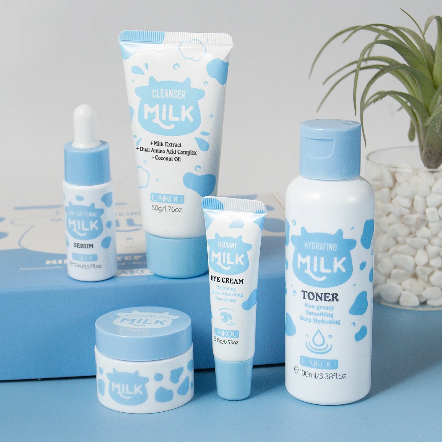 LAIKOU Milk Glowing Skincare Set Hydrating Brightening Anti-Age Firming Facial Care Cleanser Toner Serum Eye Cream Moisturizer