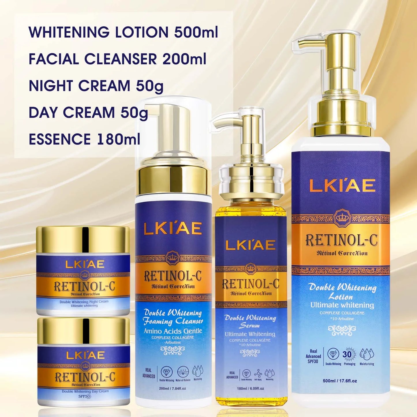 LKIAE Advanced Retinol Double Whitening Skin Care Set, Deeply Moisturizing, Clean Skin, Reduce Wrinkles, Stains, Dark Spots