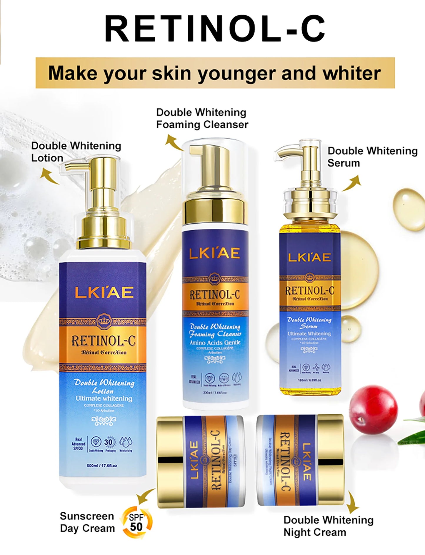 LKIAE Advanced Retinol Double Whitening Skin Care Set, Deeply Moisturizing, Clean Skin, Reduce Wrinkles, Stains, Dark Spots