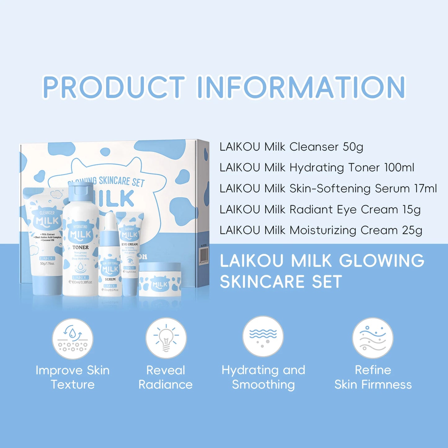 LAIKOU Milk Glowing Skincare Set Hydrating Brightening Anti-Age Firming Facial Care Cleanser Toner Serum Eye Cream Moisturizer